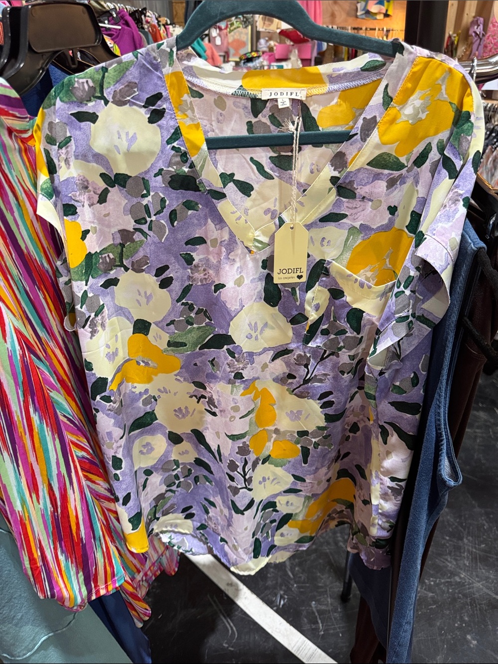 JODIFL Lavender and Yellow Floral V-Neck Blouse